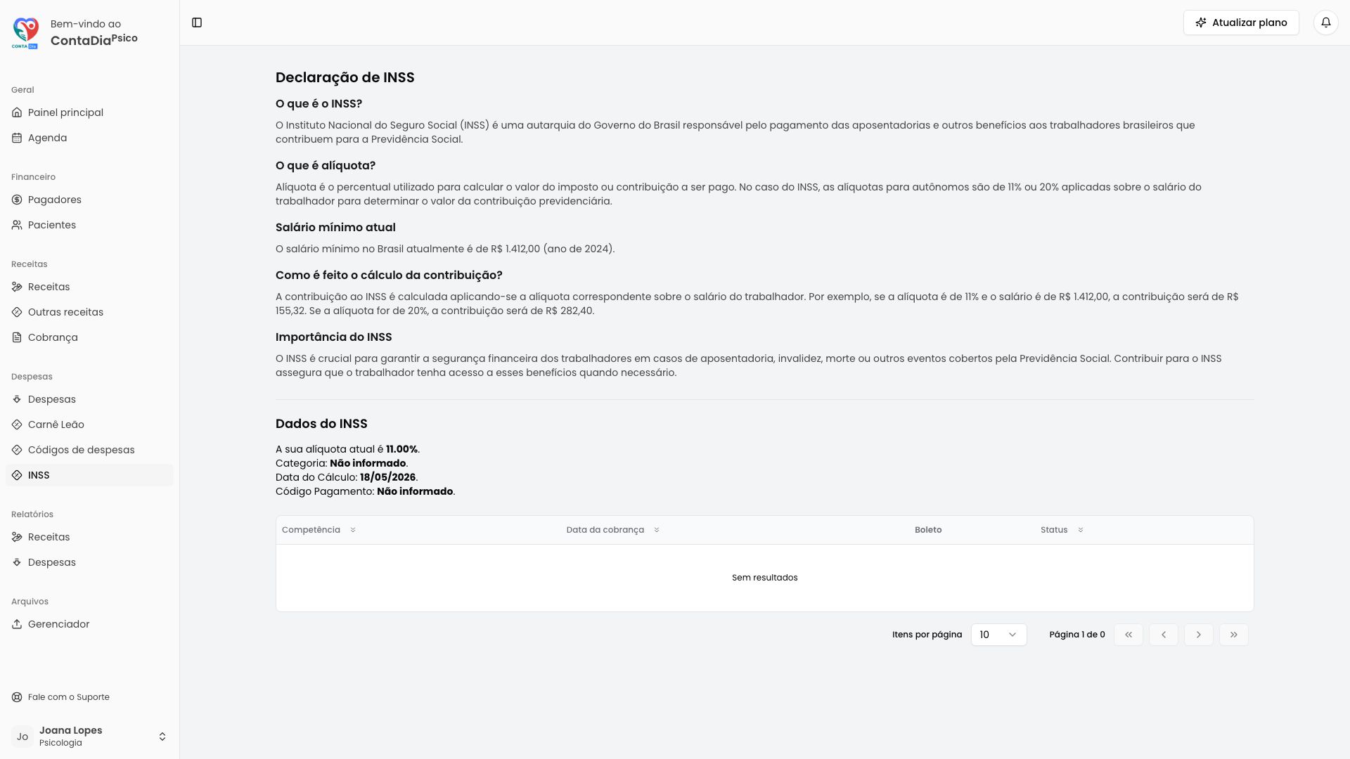 Tela de controle de INSS da ContaDia